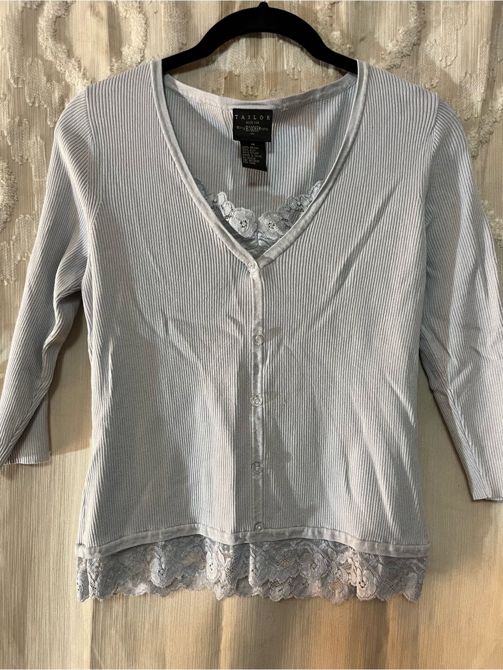 Talbots Pale Blue Ribbed Lace-Trim Button Cardigan
